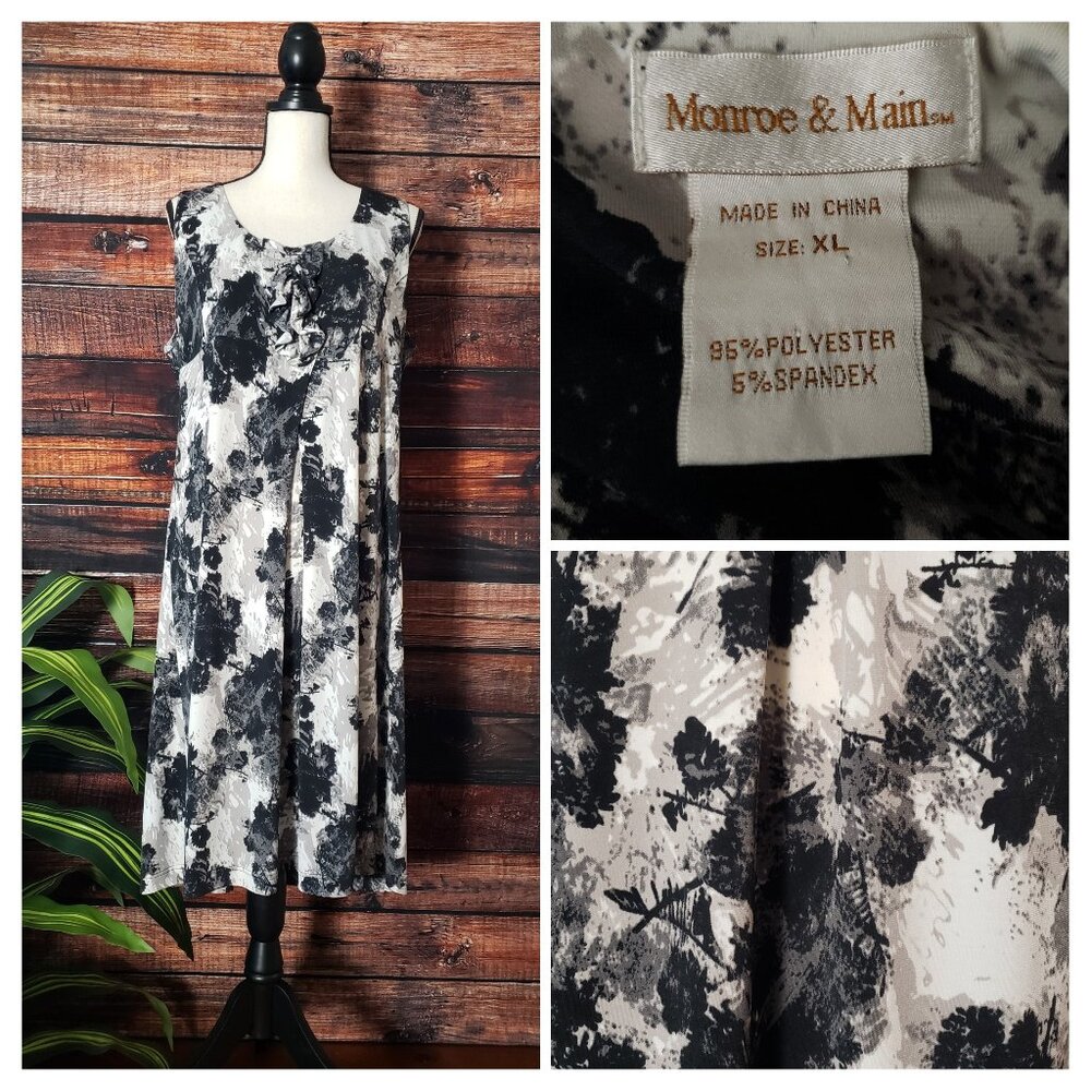 Monroe & Main XL Shift Dress Abstract Watercolor Black White Gray Ruffle